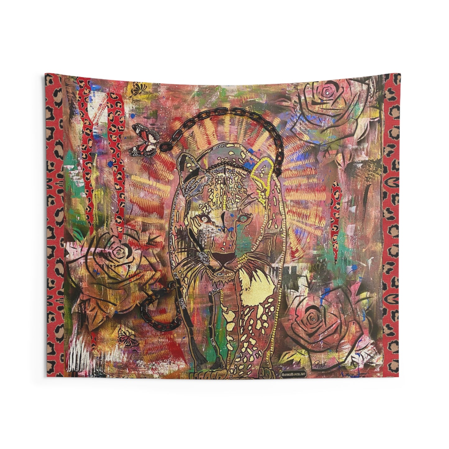 Unleash Your Power Leopard Black Panther Roses Butterflies Mixed Media Art Indoor Wall Tapestries Blanket