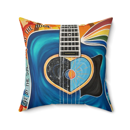 Live By The Sun Love by The Moon Guitar Rainbow Art Spun Polyester Square Pillow