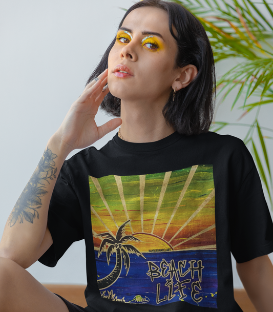 Beach Life Tropical Colorful Sunset Ocean Art Black Unisex Mens Women's Jersey Short Sleeve Crew T-Shirt