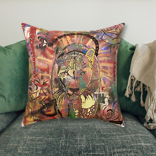 Unleash Your Power Leopard Black Panther Roses Butterflies Mixed Media Art Spun Polyester Square Pillow