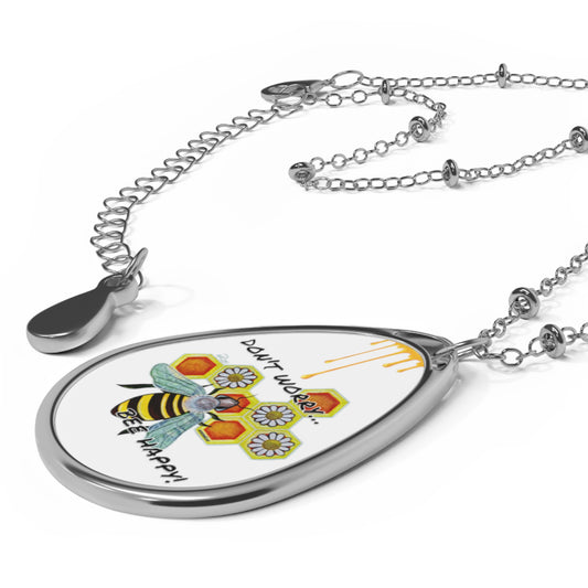 Don't Worry Bee Happy Bees And Daisies Flowers Honey Drip Honeycomb Art White Oval Necklace Teardrop Pendant Jewelry