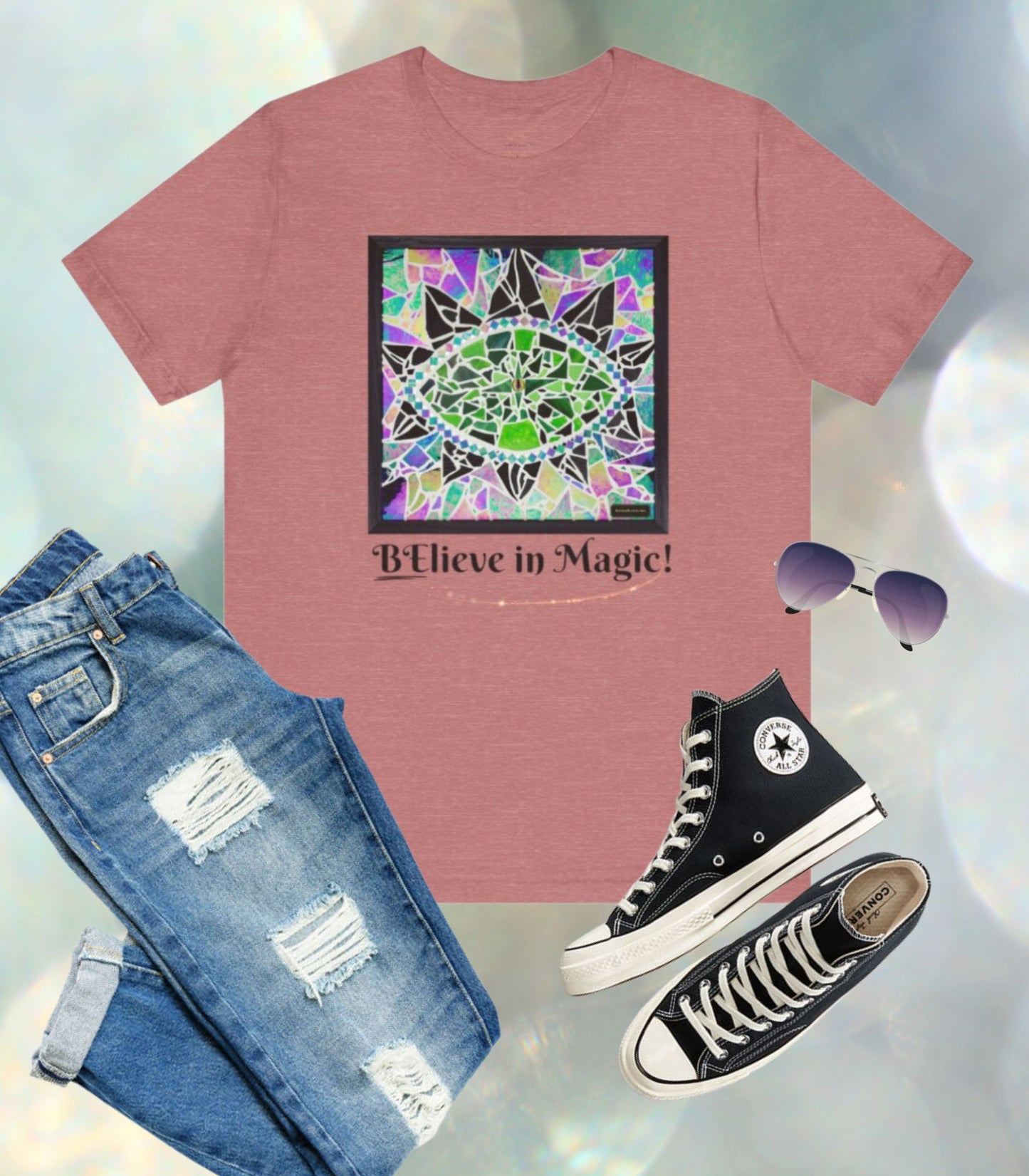 BElieve In Magic Green Glass Mosaic Dragon Eye Art Heather Mauve Unisex Jersey Short Sleeve T-Shirt