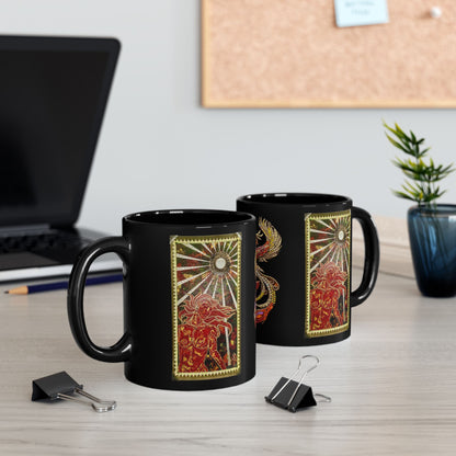 Phoenix Rising Fire Woman Sun Rays Mixed Media Art Black Accent Ceramic Coffee Tea Mug (11, 15oz)