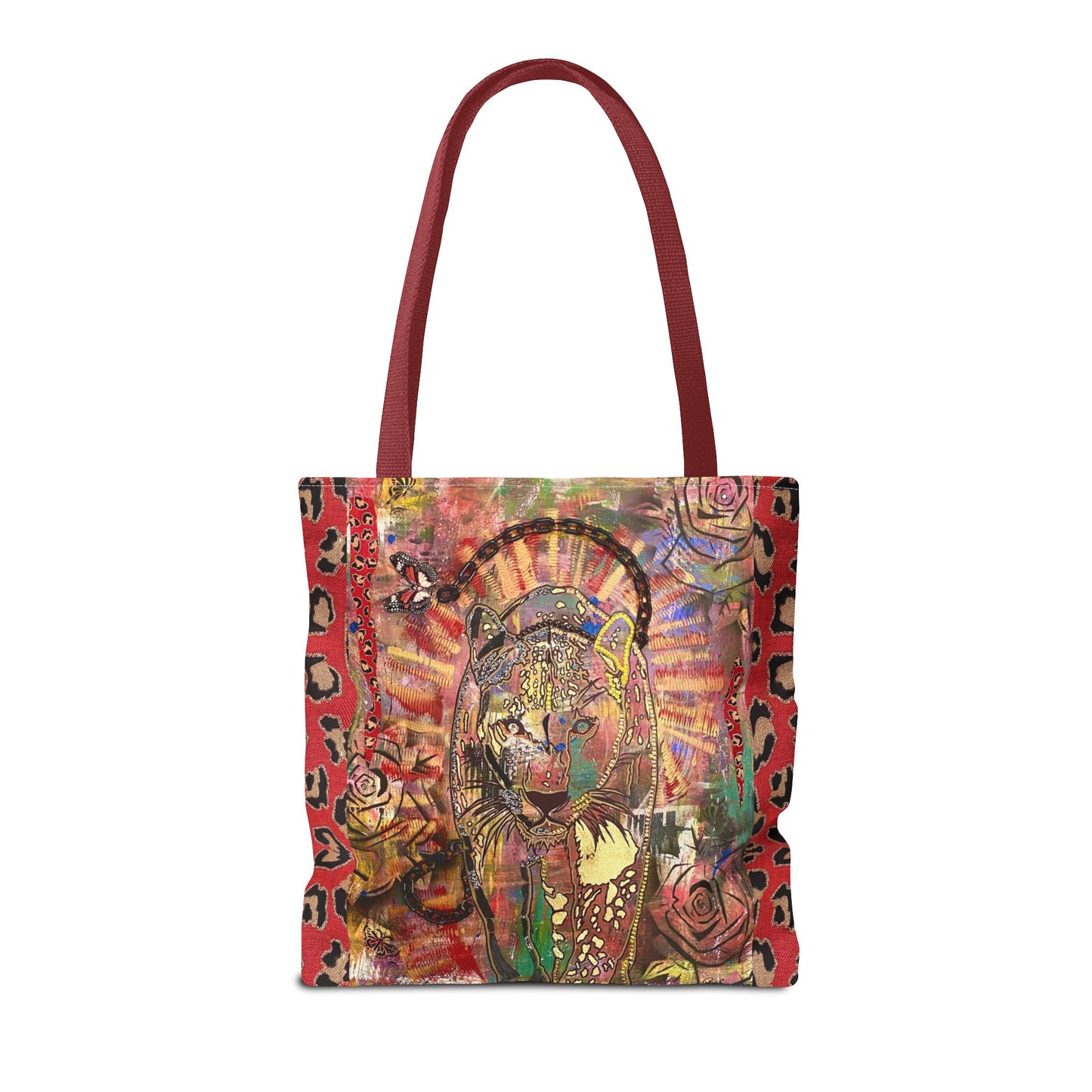 Unleash Your Power Leopard Black Panther Roses Butterflies Mixed Media Art Shopping Weekend Large Polyester Tote Bag (AOP)