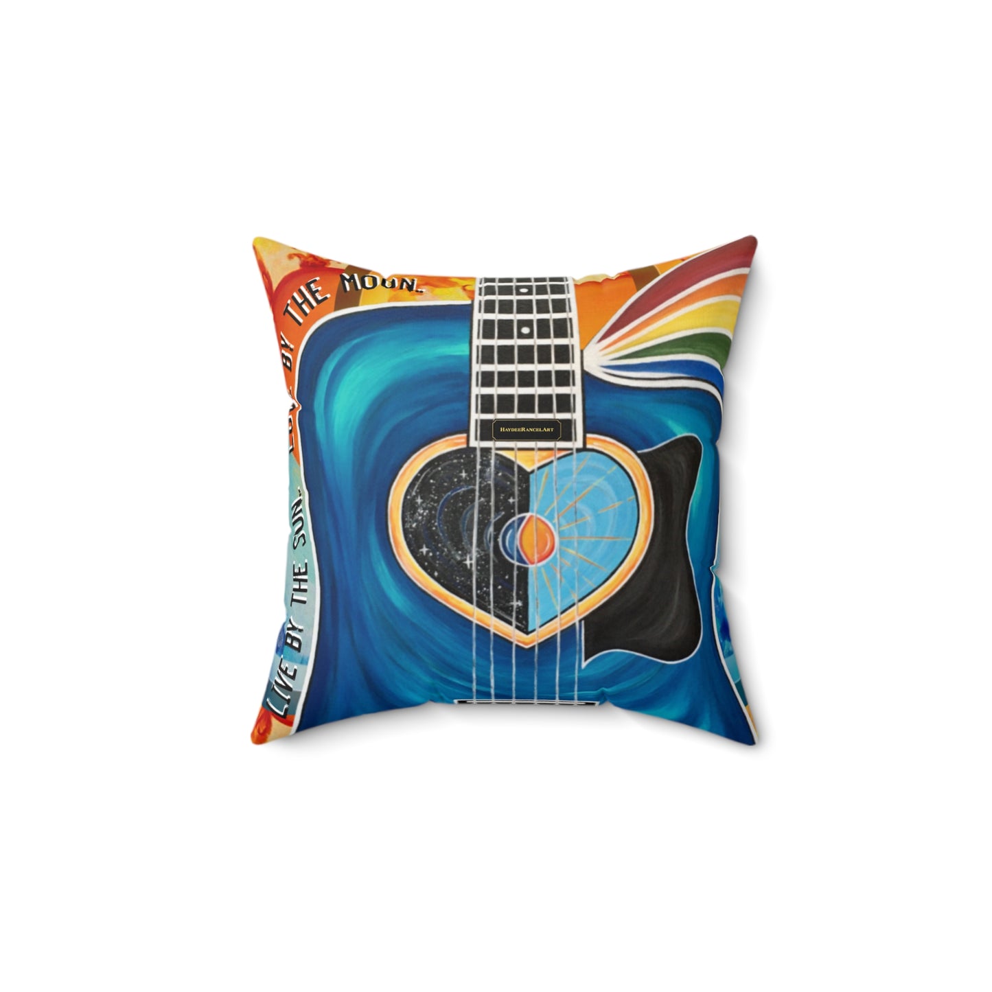 Live By The Sun Love by The Moon Guitar Rainbow Art Spun Polyester Square Pillow