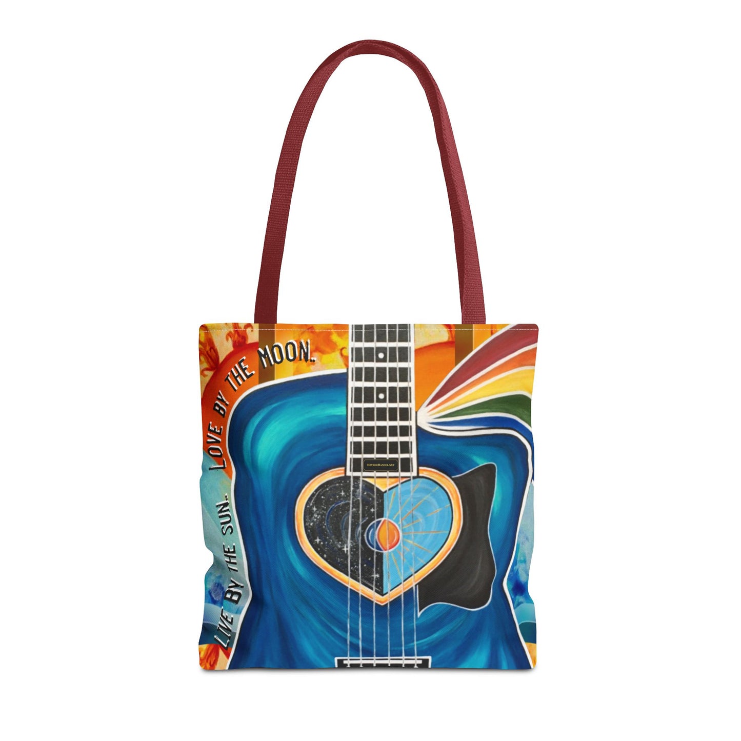 Live By The Sun Love By The Moon Guitar Music Rainbow Art Yoga Shopping Weekend Large Polyester Tote Bag (AOP)