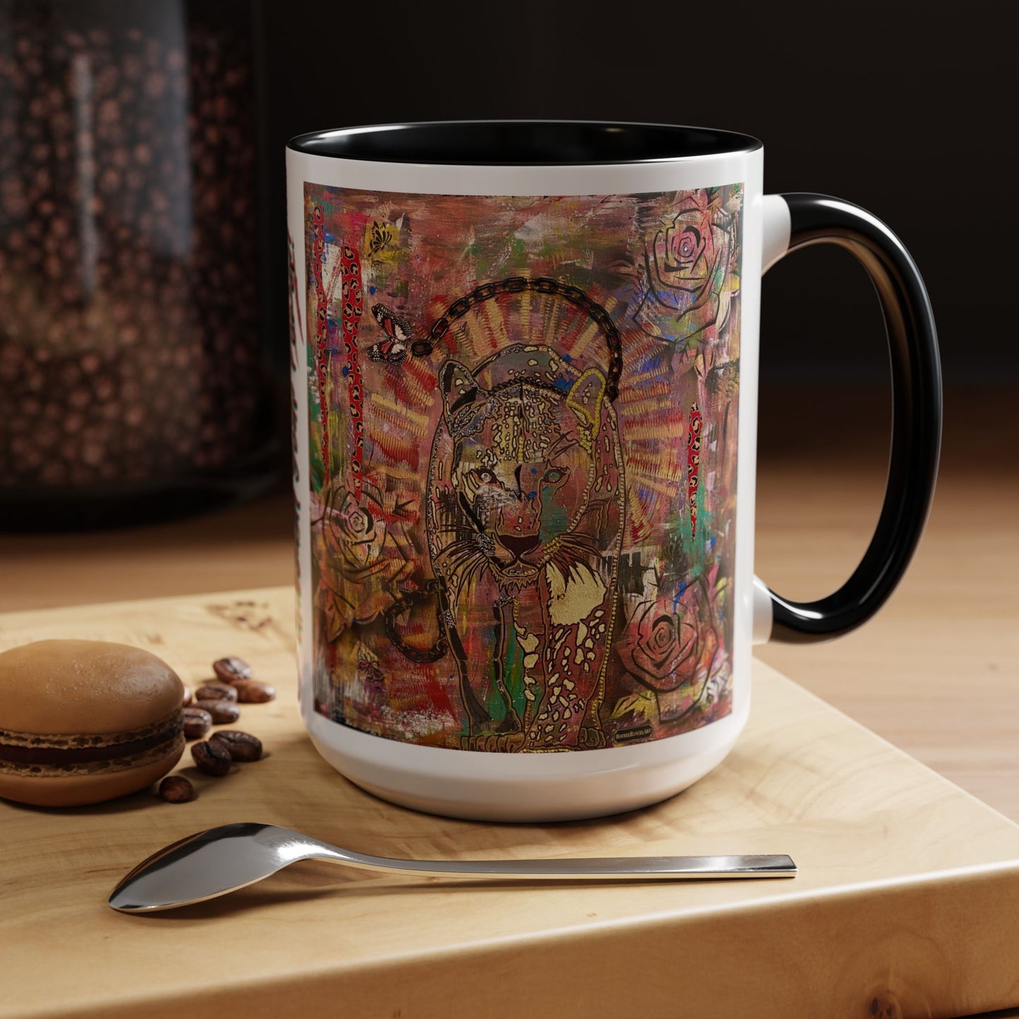 Unleash Your Power Leopard Black Panther Roses Butterflies Mixed Media Art Black White Accent Ceramic Coffee Tea Mug (11, 15oz)