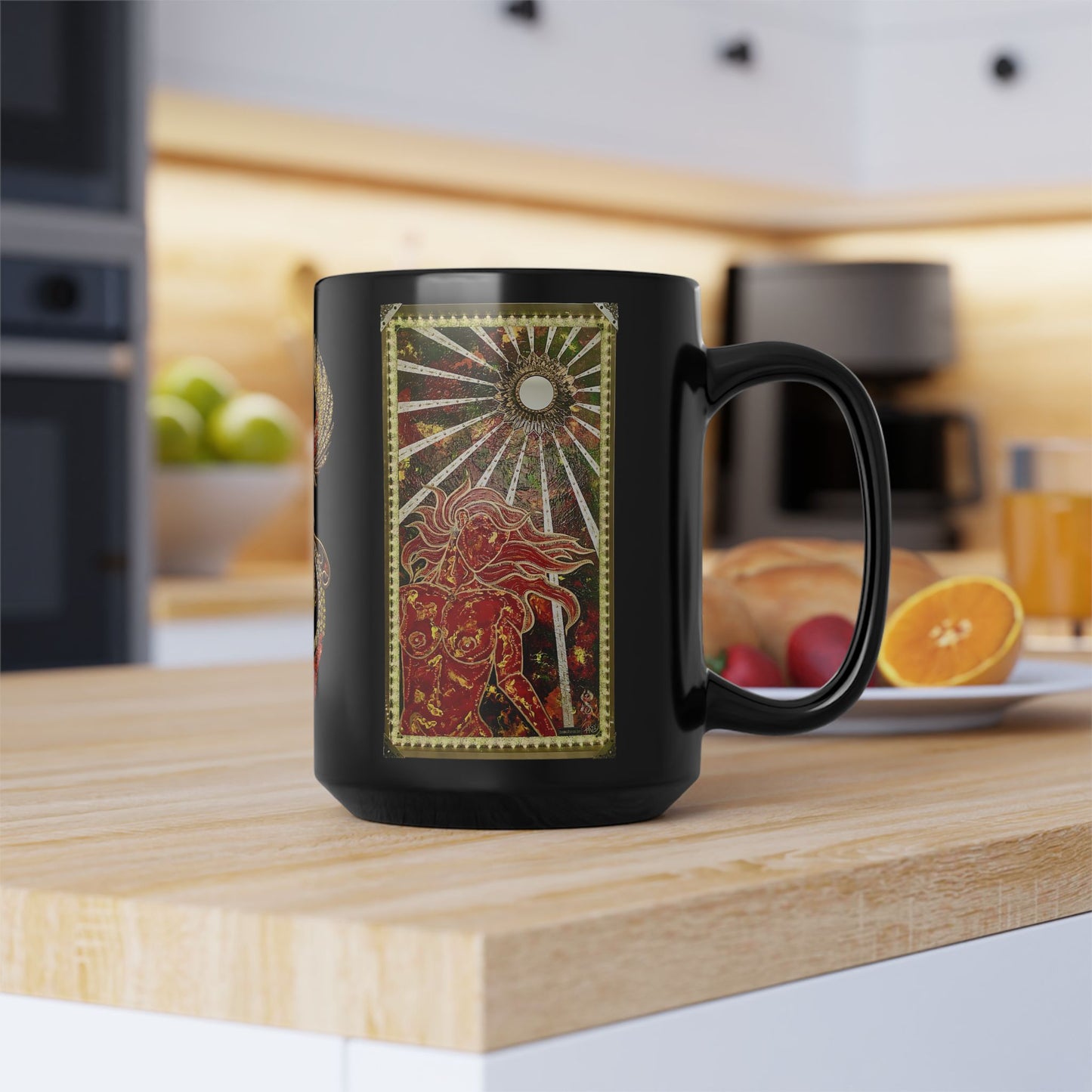 Phoenix Rising Fire Woman Sun Rays Mixed Media Art Black Accent Ceramic Coffee Tea Mug (11, 15oz)