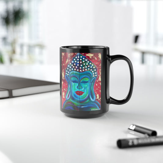 Buddha Peace Spiritual Meditation Mixed Media Art Black Accent Ceramic Coffee Tea Mug (11, 15oz)