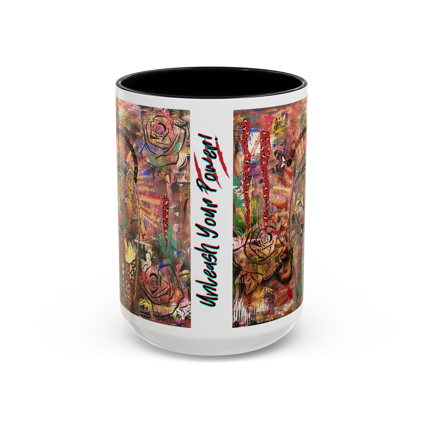 Unleash Your Power Leopard Black Panther Roses Butterflies Mixed Media Art Black White Accent Ceramic Coffee Tea Mug (11, 15oz)