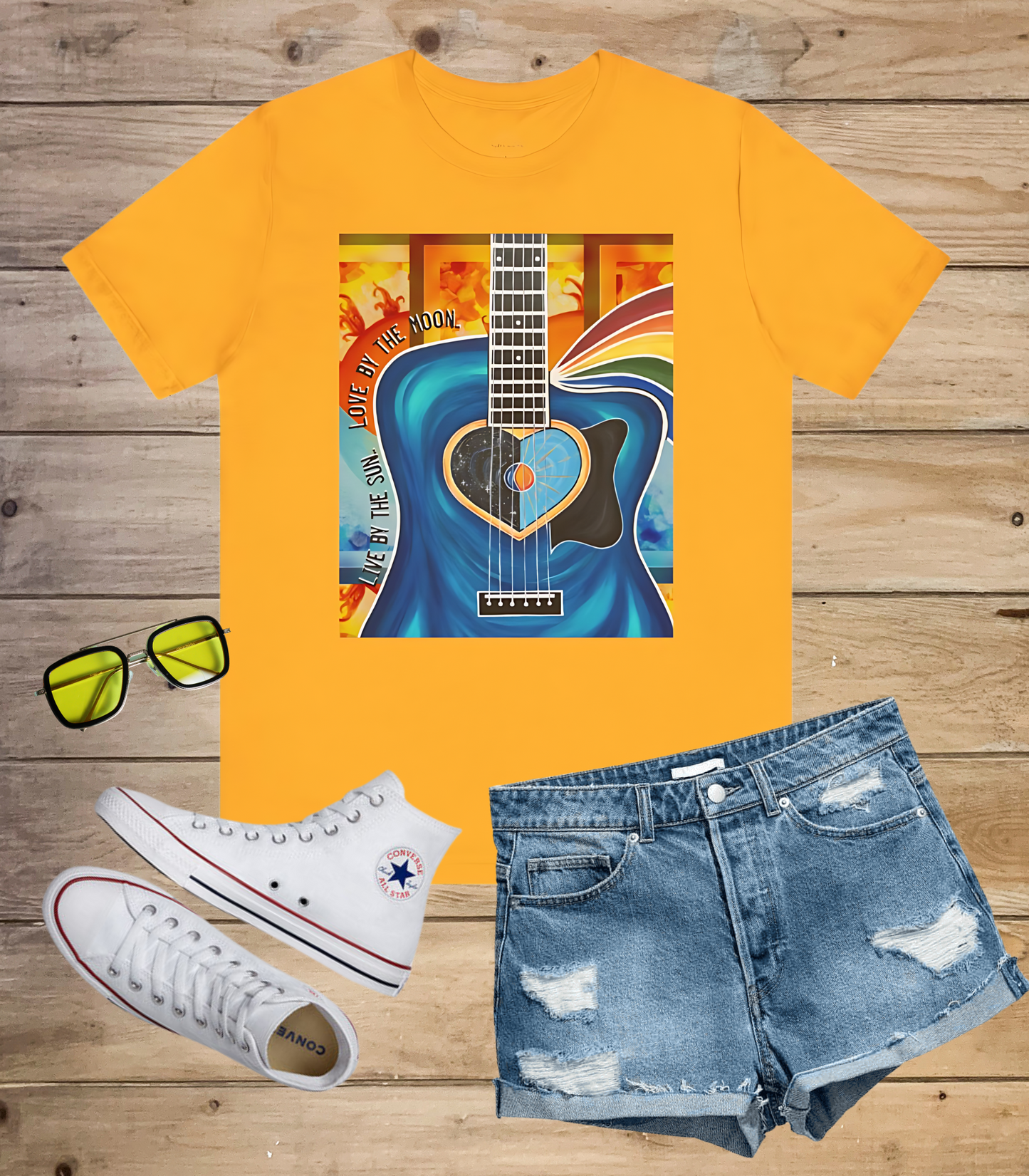 Guitar Live By The Sun Love By The Moon Heart Rainbow Music Yellow Gold Unisex Jersey Short Sleeve T-Shirt