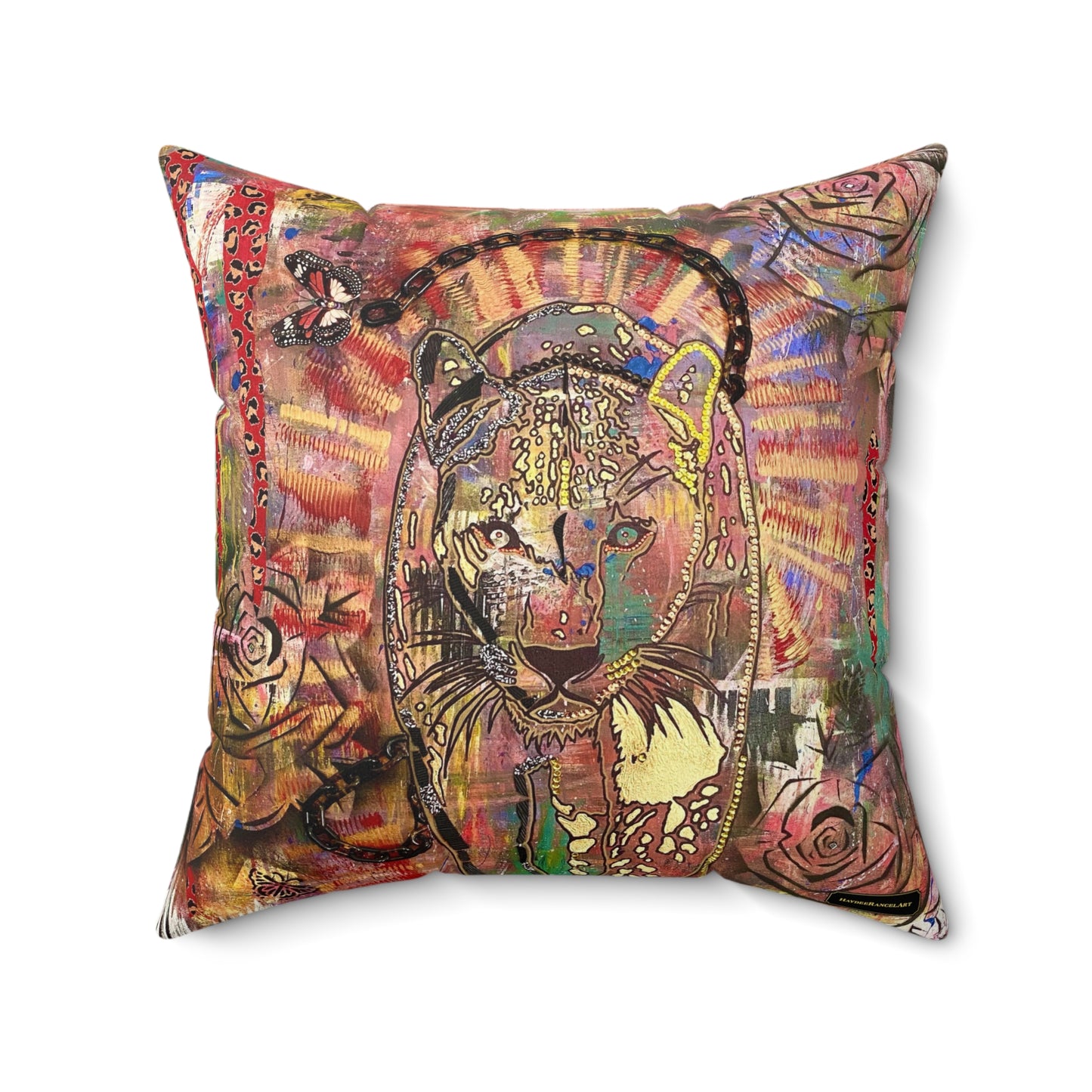 Unleash Your Power Leopard Black Panther Roses Butterflies Mixed Media Art Spun Polyester Square Pillow