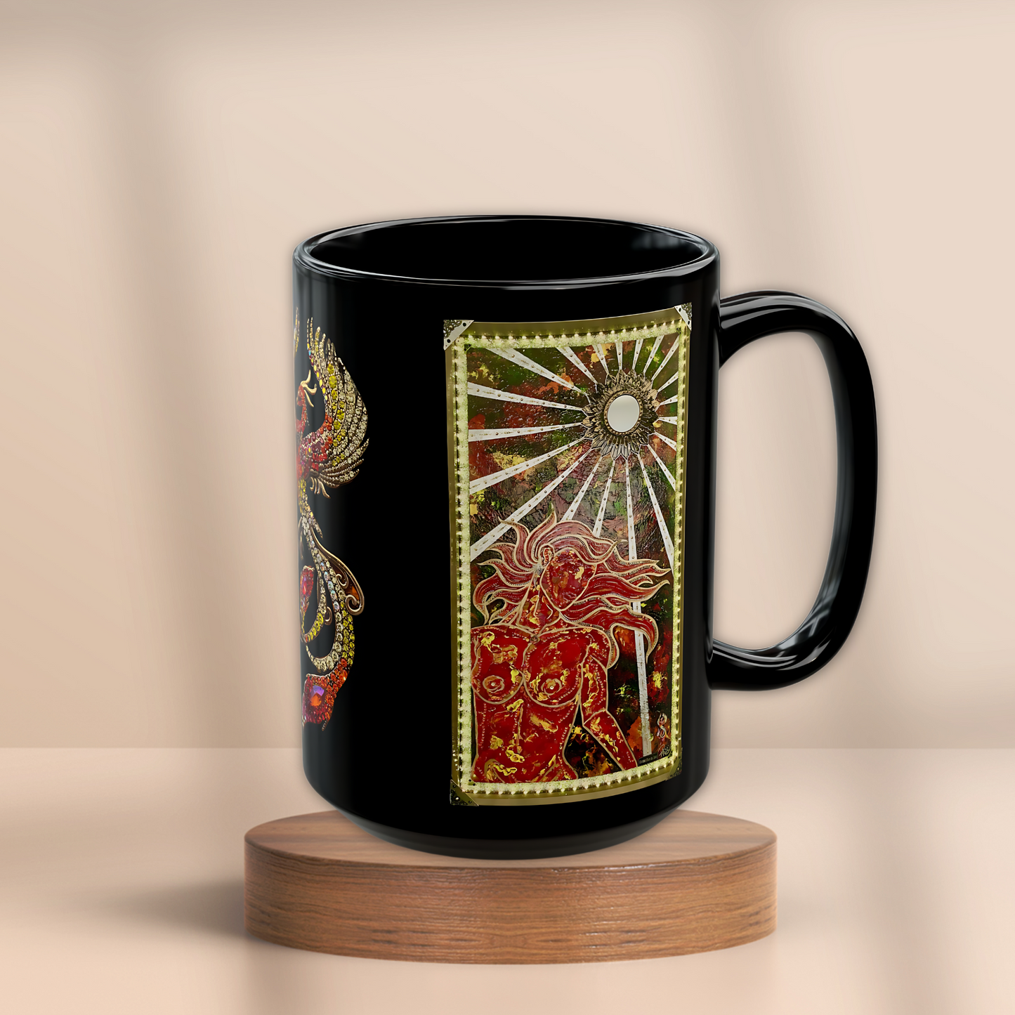 Phoenix Rising Fire Woman Sun Rays Mixed Media Art Black Accent Ceramic Coffee Tea Mug (11, 15oz)