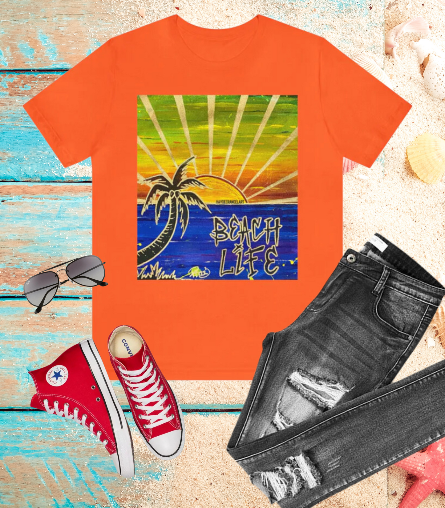 Beach Life Tropical Colorful Sunset Ocean Art Orange Unisex Mens Women's Jersey Short Sleeve Crew T-Shirt