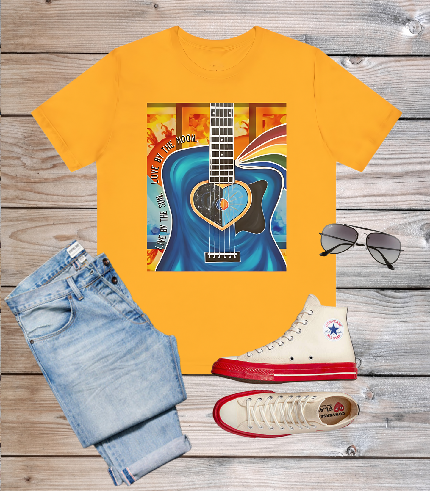 Guitar Live By The Sun Love By The Moon Heart Rainbow Music Yellow Gold Unisex Jersey Short Sleeve T-Shirt