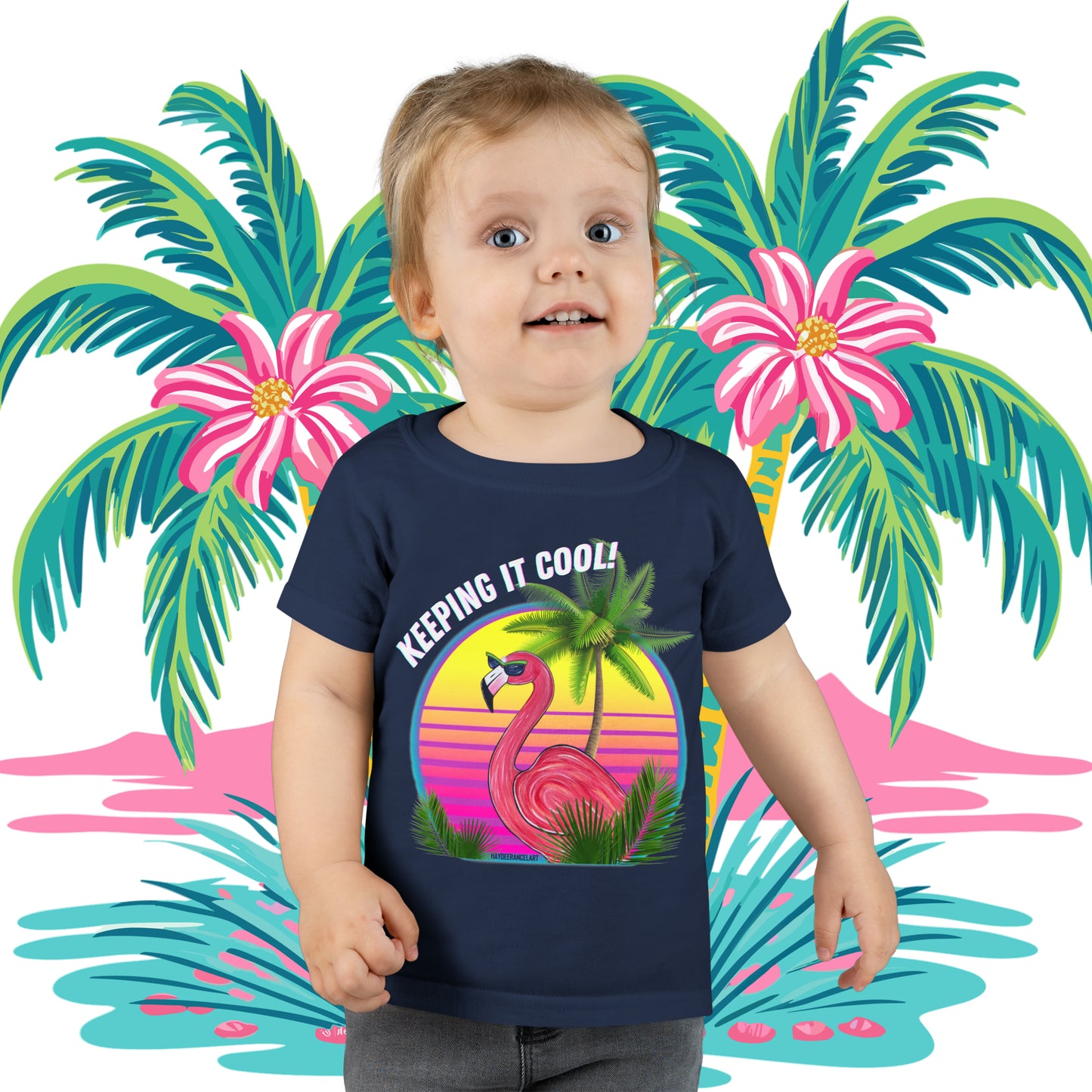 Keeping It Cool Flamingo Beach Sunset Palm Trees Grey Unisex Toddler T-shirt