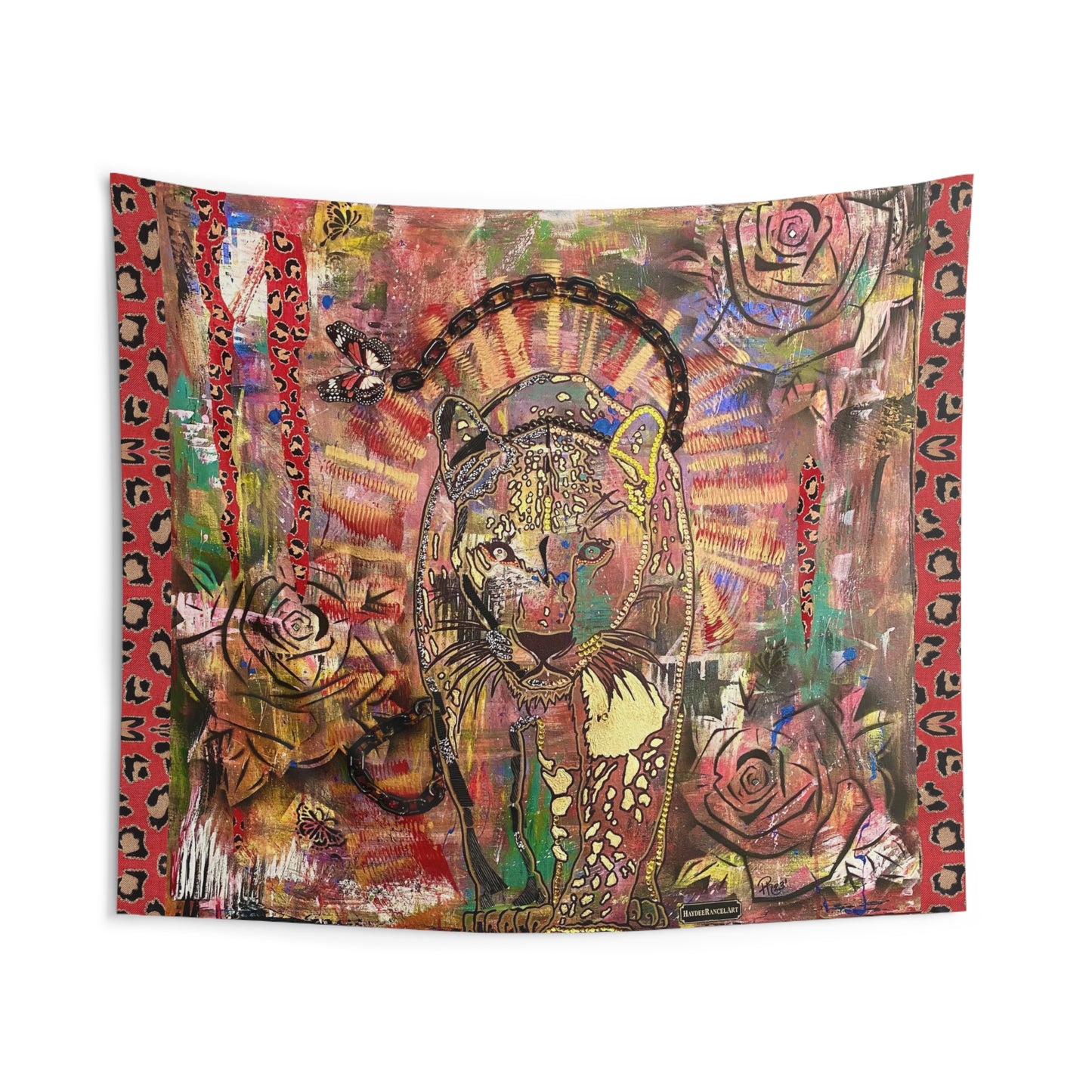 Unleash Your Power Leopard Black Panther Roses Butterflies Mixed Media Art Indoor Wall Tapestries Blanket