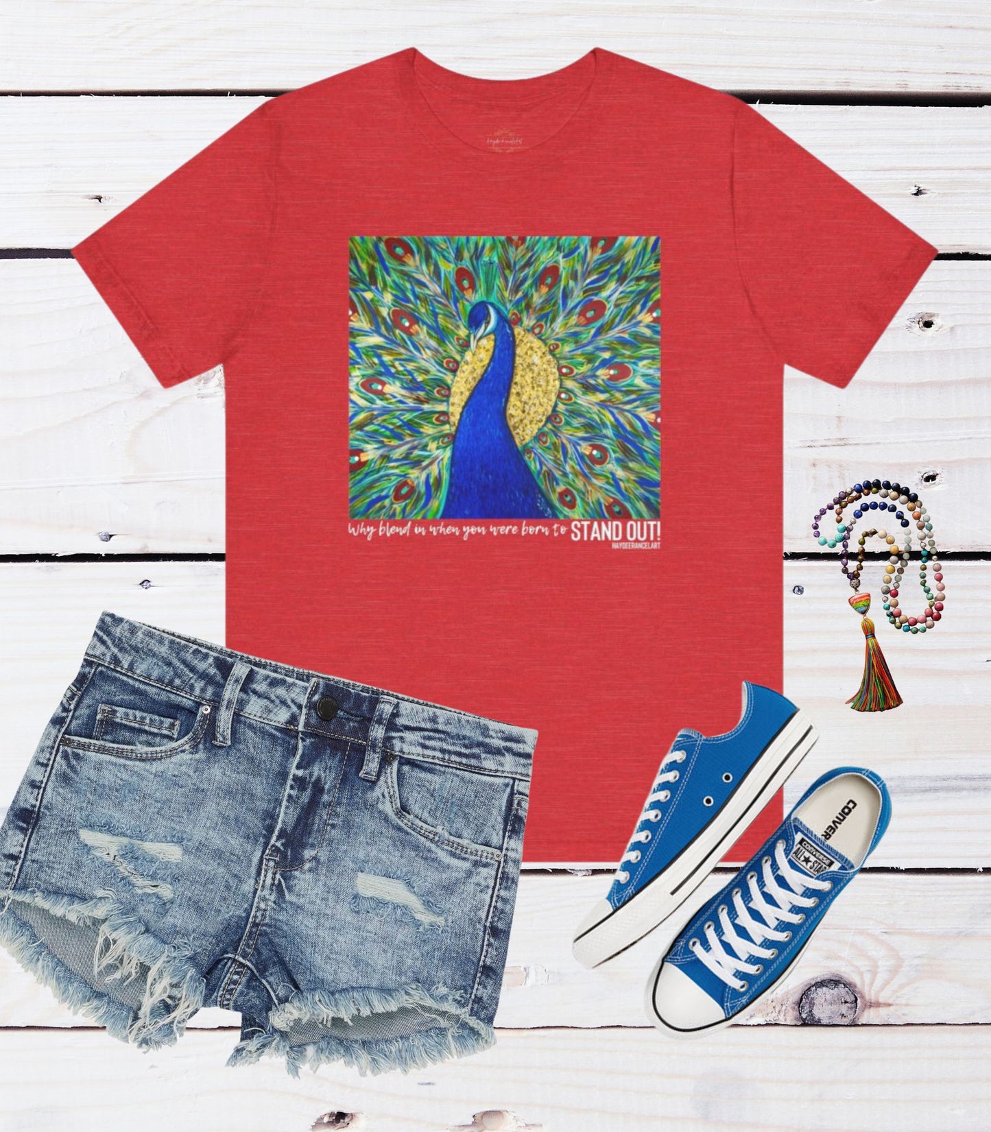 Born To Stand Out Colorful Peacock Bird Art Heather Red Unisex Mens Women's Jersey Short Sleeve Crew T-Shirt