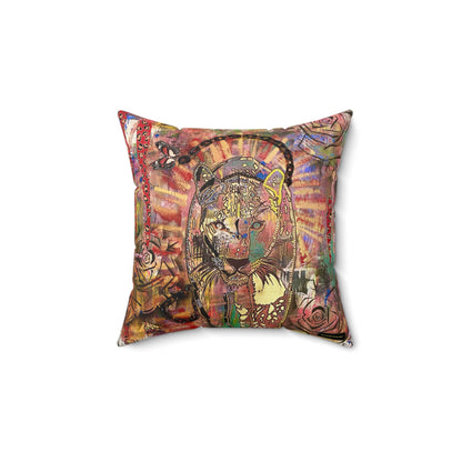 Unleash Your Power Leopard Black Panther Roses Butterflies Mixed Media Art Spun Polyester Square Pillow