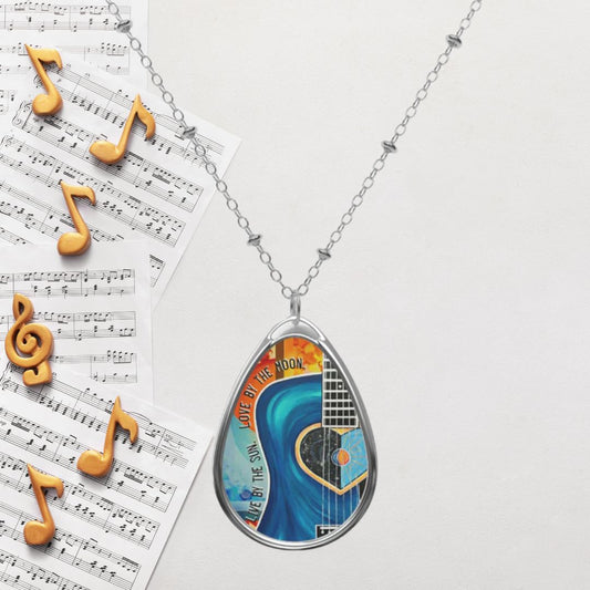Guitar Live By The Sun Love By The Moon Music Art Oval Necklace Teardrop Pendant Jewelry