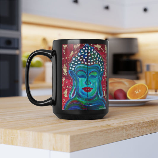 Buddha Peace Spiritual Meditation Mixed Media Art Black Accent Ceramic Coffee Tea Mug (11, 15oz)