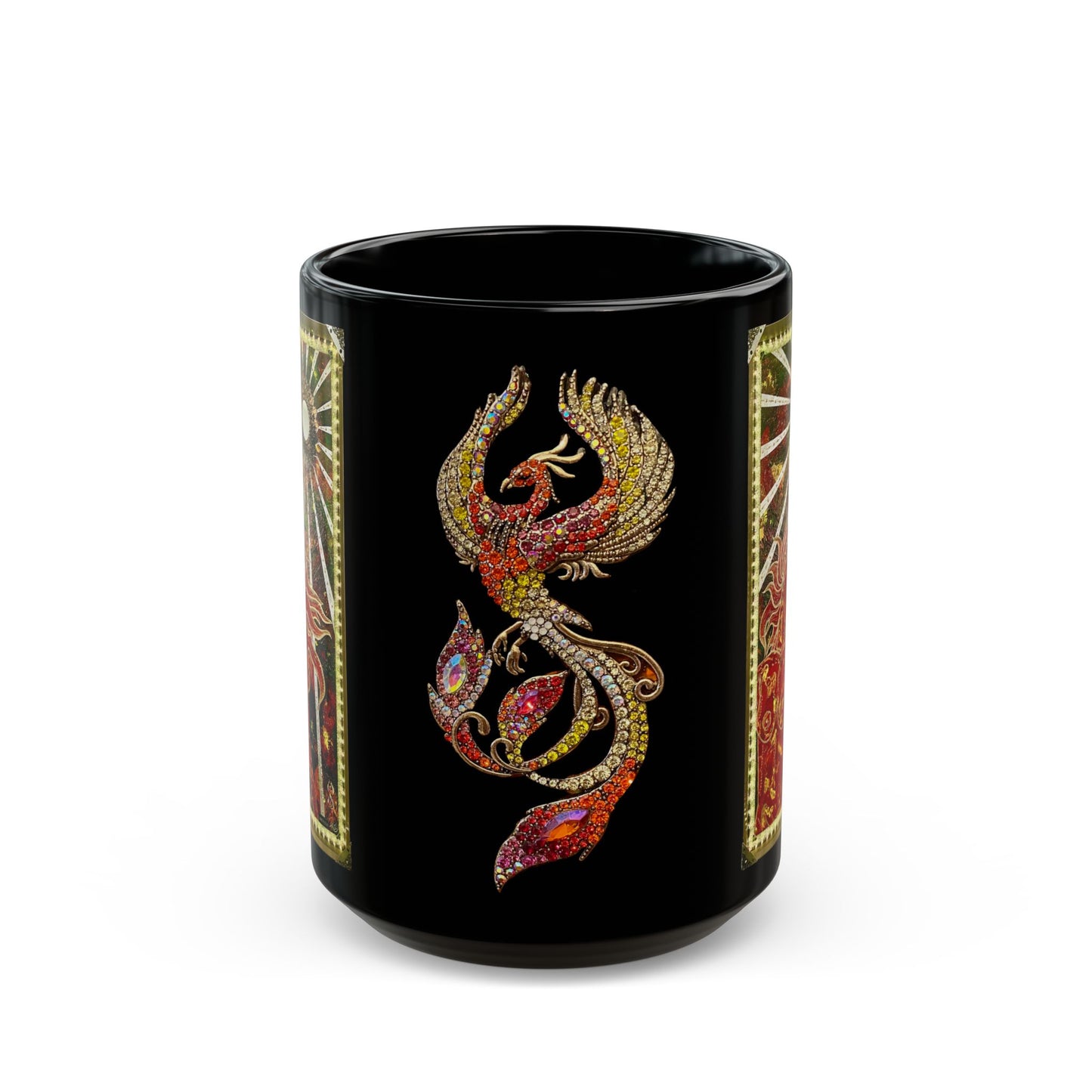 Phoenix Rising Fire Woman Sun Rays Mixed Media Art Black Accent Ceramic Coffee Tea Mug (11, 15oz)