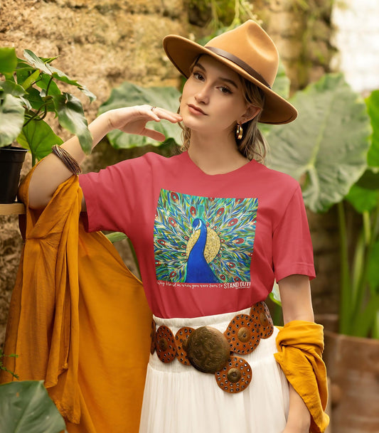 Born To Stand Out Colorful Peacock Bird Art Heather Red Unisex Mens Women's Jersey Short Sleeve Crew T-Shirt