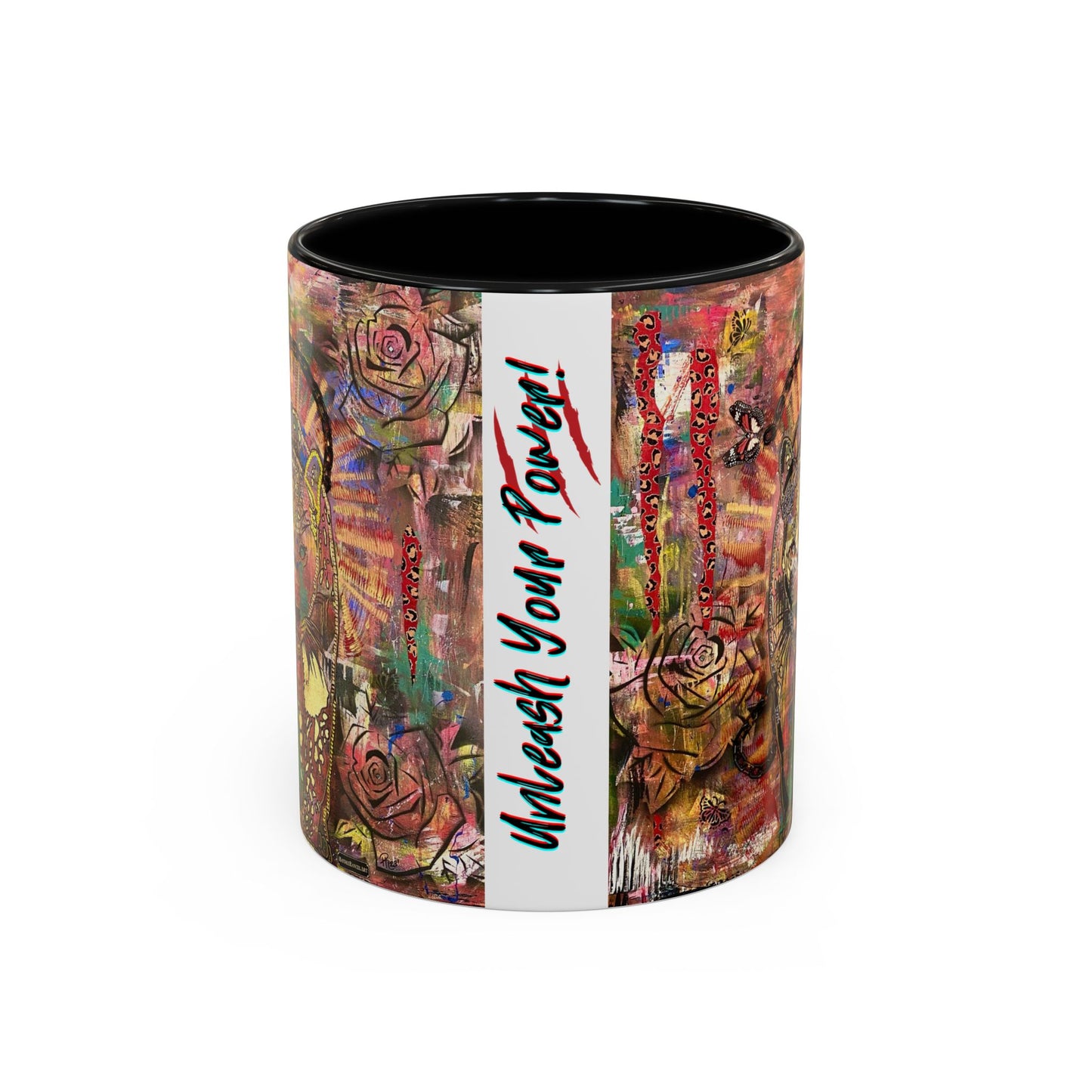 Unleash Your Power Leopard Black Panther Roses Butterflies Mixed Media Art Black White Accent Ceramic Coffee Tea Mug (11, 15oz)