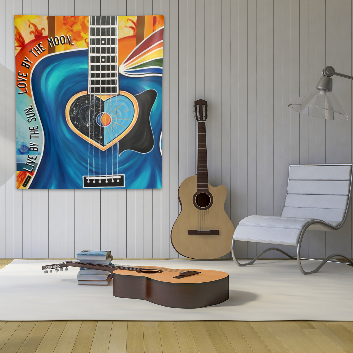 Live By The Sun Love By The Moon Guitar Music Rainbow Art Indoor Wall Tapestries Blanket