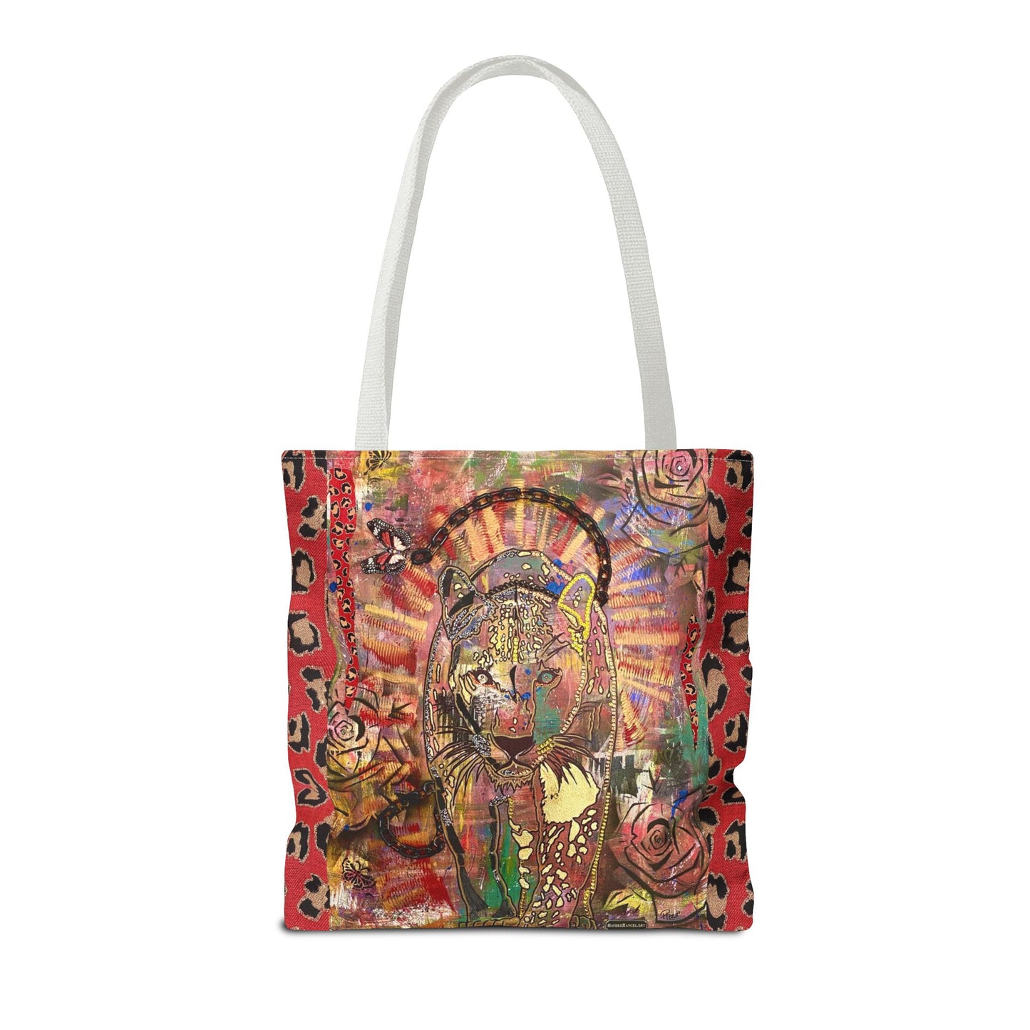 Unleash Your Power Leopard Black Panther Roses Butterflies Mixed Media Art Shopping Weekend Large Polyester Tote Bag (AOP)