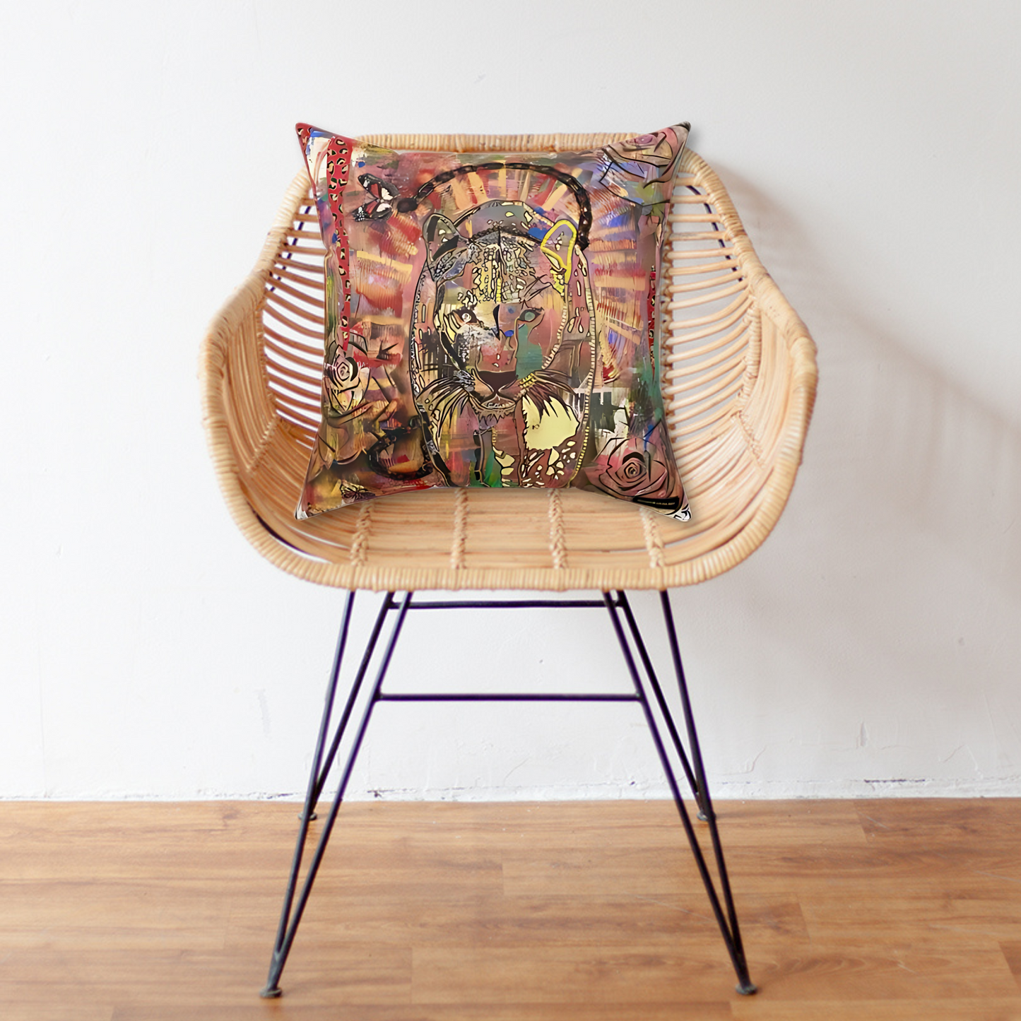 Unleash Your Power Leopard Black Panther Roses Butterflies Mixed Media Art Spun Polyester Square Pillow