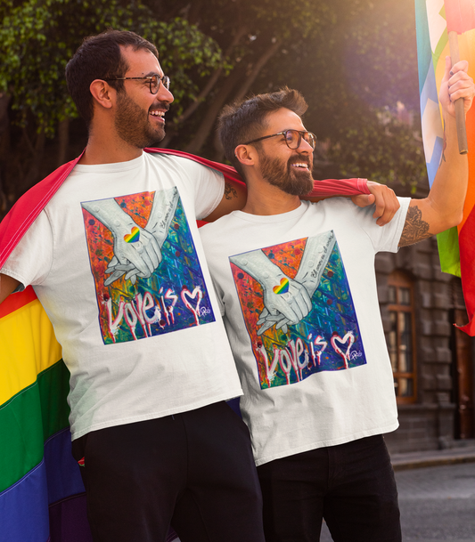 Love Is Love El Amor Es El Amor Holding Hands Gay Pride LGBTQ Equality Rainbow Heart White Unisex Mens Women's Jersey Short Sleeve Crew T-Shirt