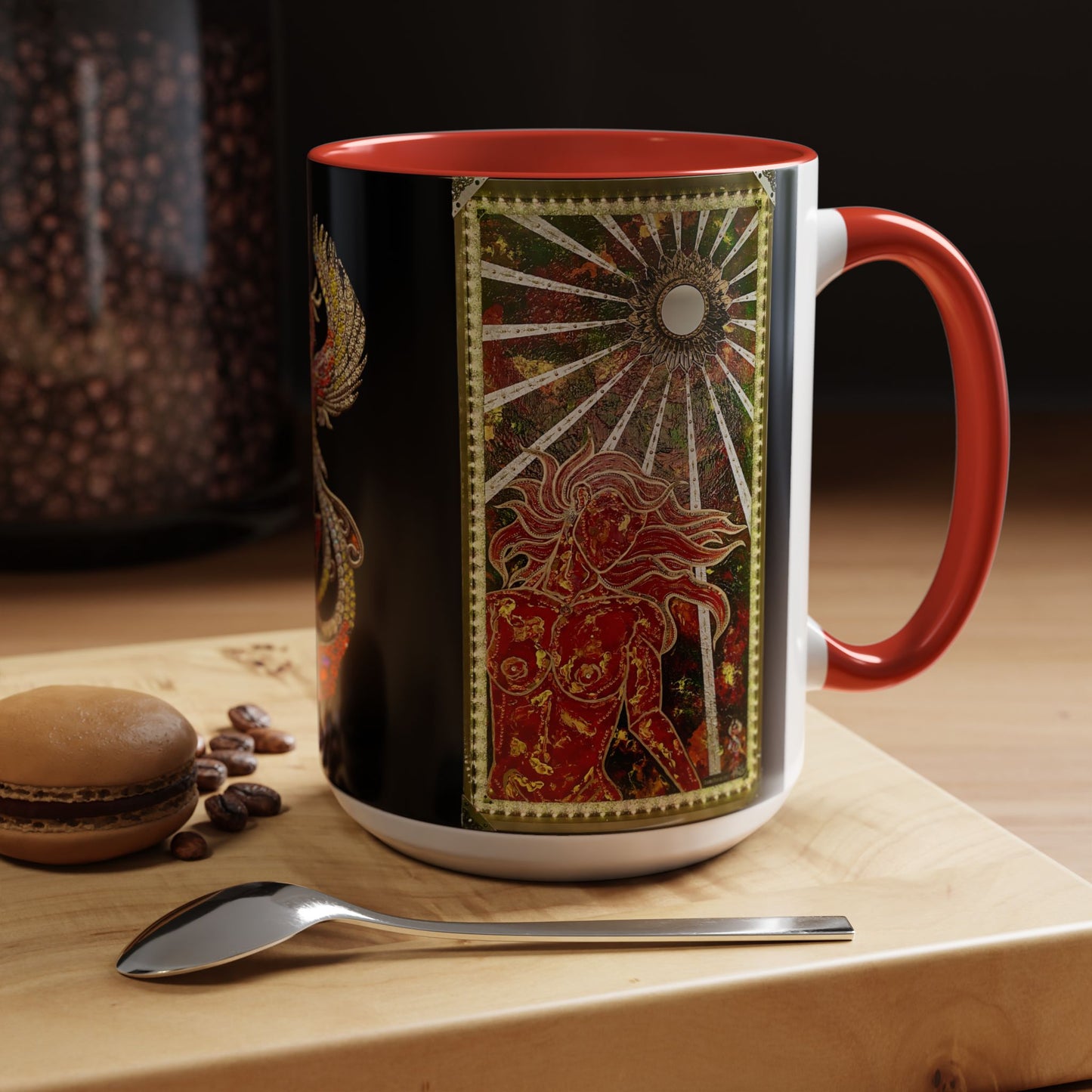 Phoenix Rising Fire Woman Sun Rays Mixed Media Art Accent Ceramic Coffee Tea Mug (11, 15oz)