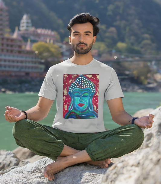 Buddha Peace Meditation Spiritual Zen Peaceful Art Silver Grey Unisex Mens Women's Jersey Short Sleeve Crew T-Shirt