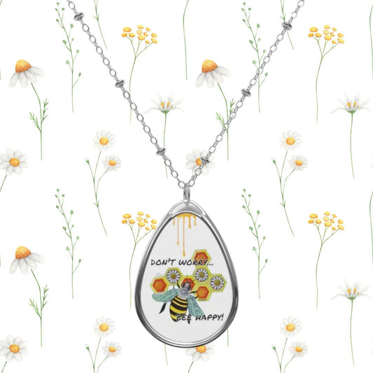 Don't Worry Bee Happy Bees And Daisies Flowers Honey Drip Honeycomb Art White Oval Necklace Teardrop Pendant Jewelry