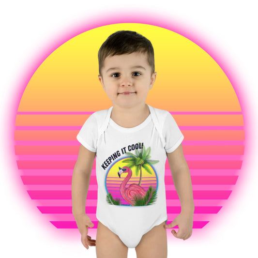 Keeping It Cool Flamingo Beach Sunset White Unisex Infant Toddler Baby Rib Bodysuit