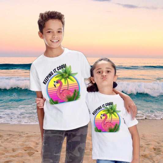 Keeping It Cool Flamingo Beach Sunset Unisex Kids Youth Short Sleeve Unisex White T-shirt