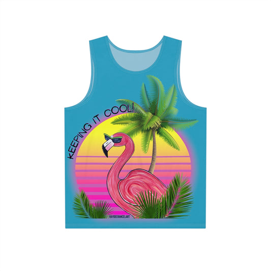 Keeping It Cool Flamingo Beach Sunset Unisex Mens Women's All Over Print Blue Tank Top