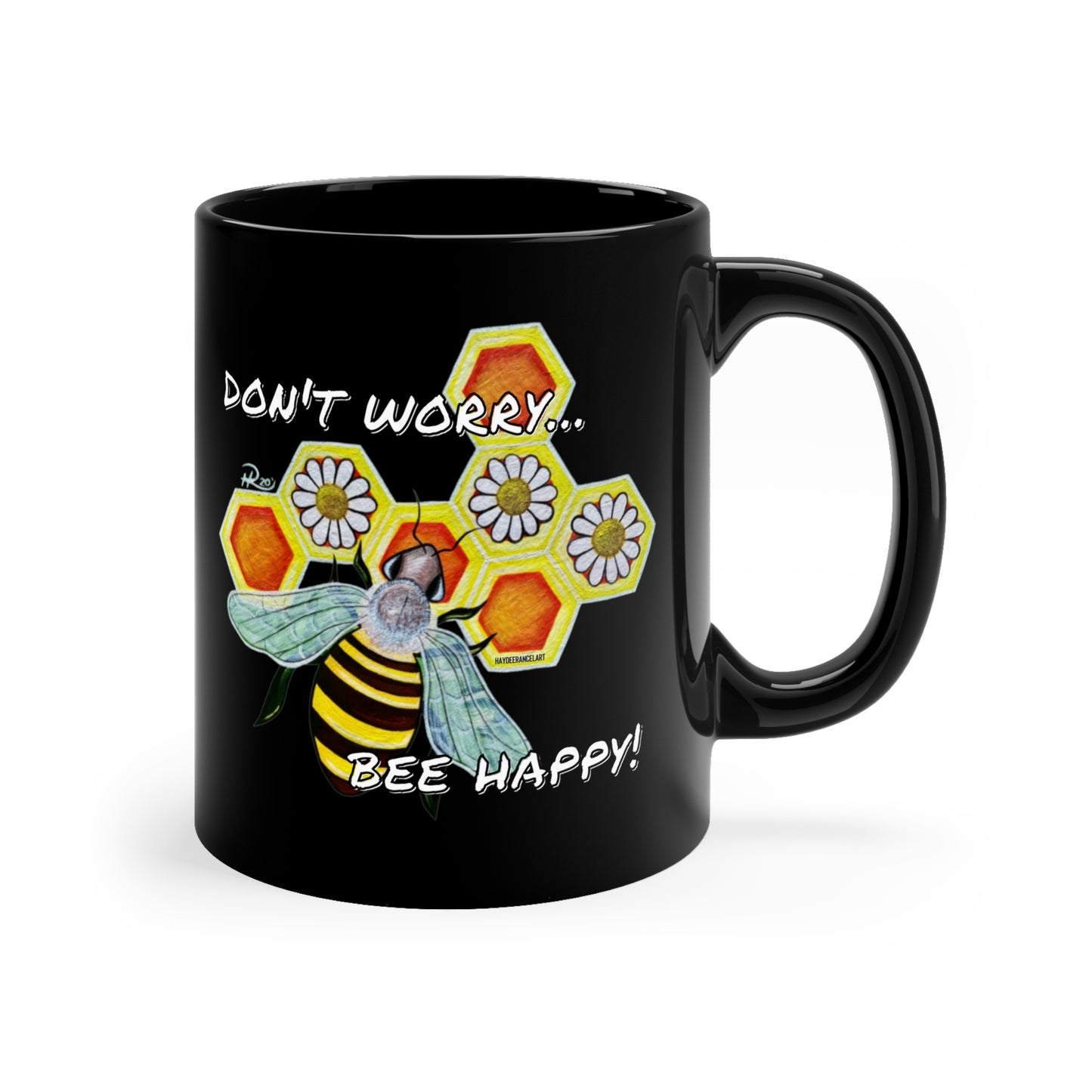 Don't Worry Bee Happy Honeycomb And Daisies 11oz Black Ceramic Mug