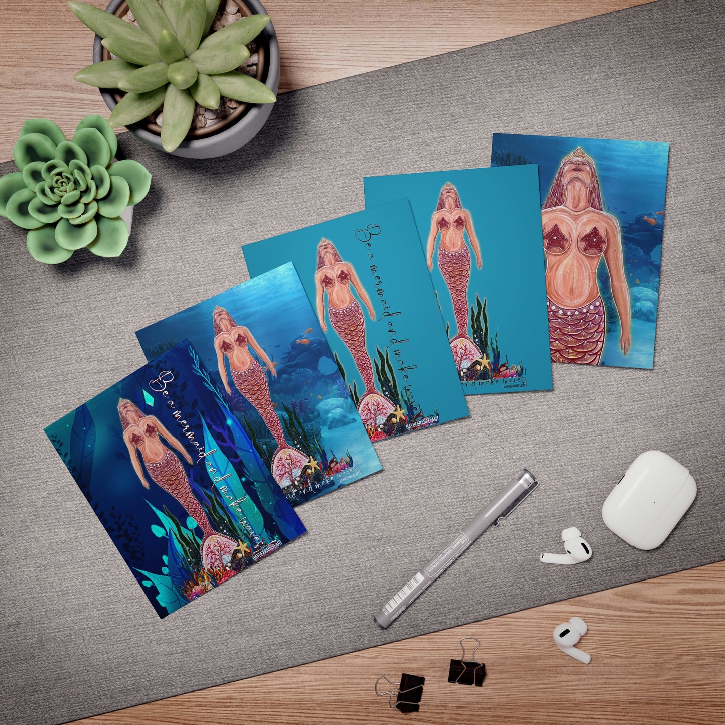 Be A Mermaid And Make Waves Underwater Ocean Series Multi-Design HaydeeRancelArt Turquoise Blue Greeting Note Cards (5-Pack)