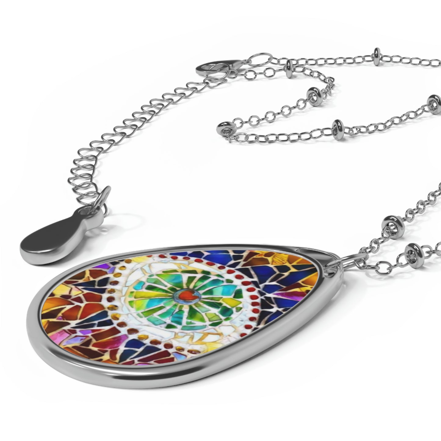 DragonHeart Glass Mosaic Green Dragon Eye Art Oval Necklace Teardrop Pendant Jewelry