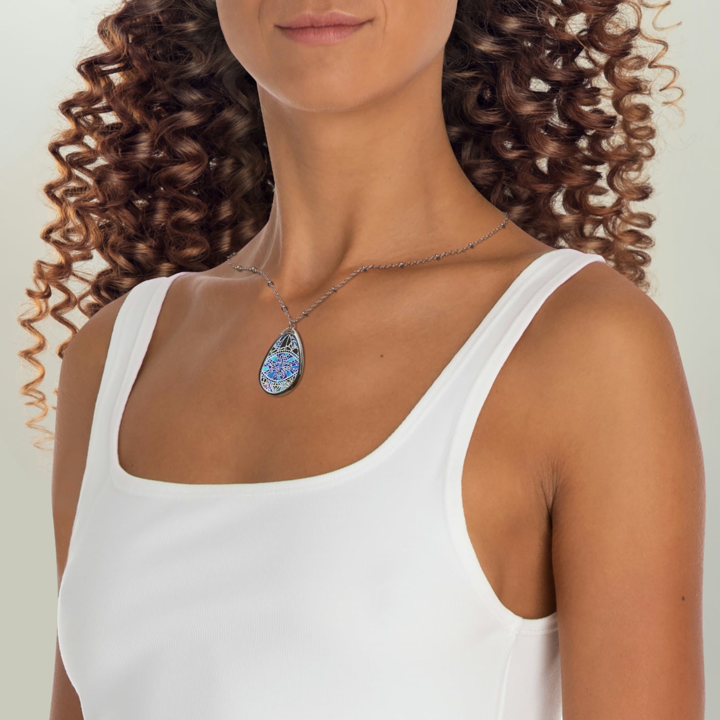 Glass Mosaic Blue Dragon Eye Art Oval Necklace Teardrop Pendant Jewelry