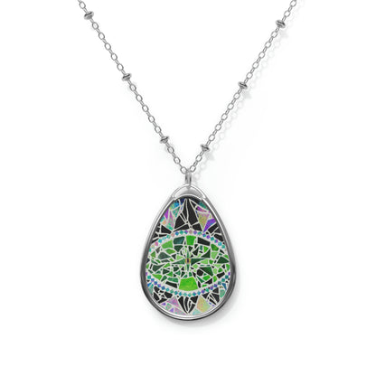 Glass Mosaic Green Dragon Eye Art Oval Necklace Teardrop Pendant Jewelry