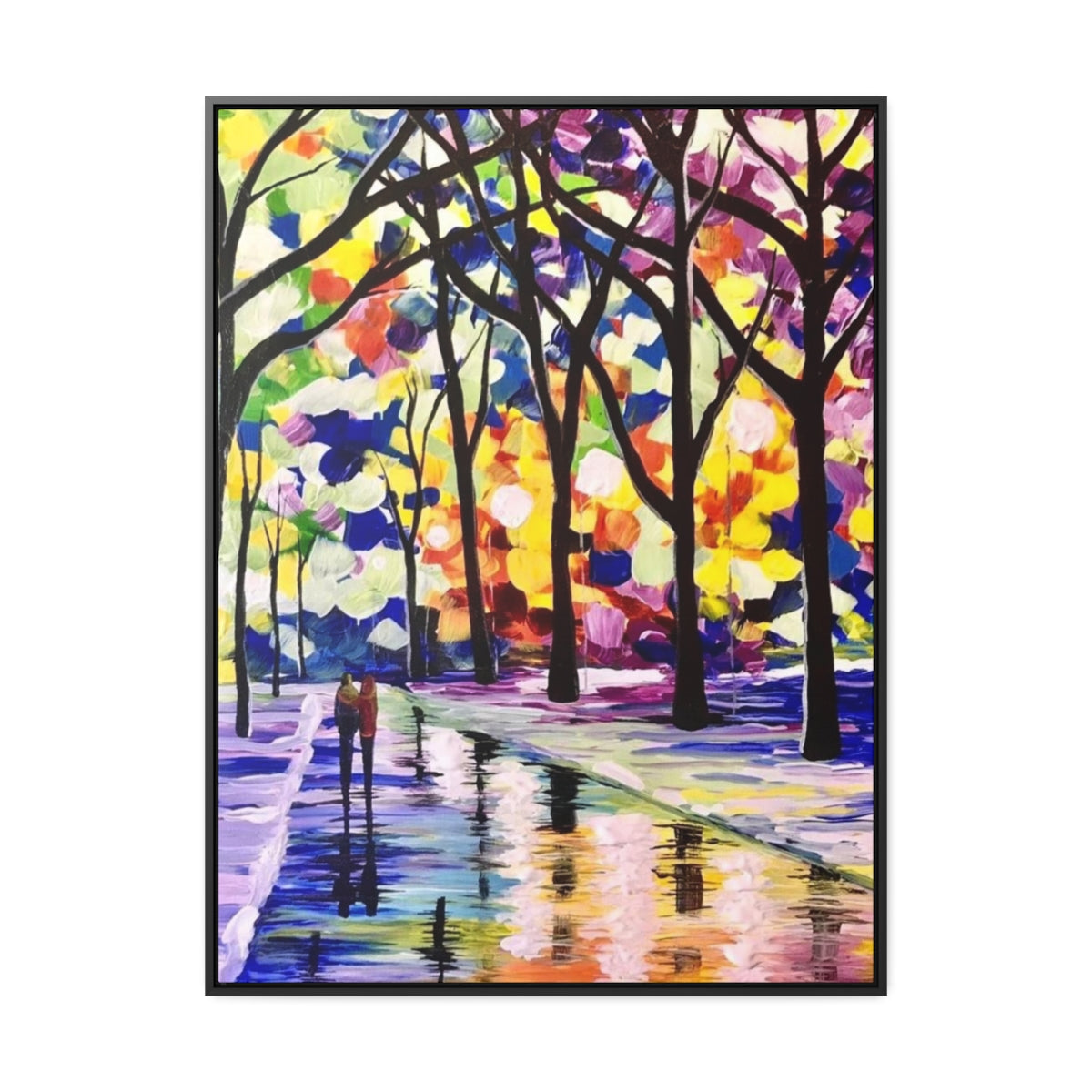 Colorful Night In Central Park Couple Love Vertical Framed Gallery Wrapped Canvas Art Print