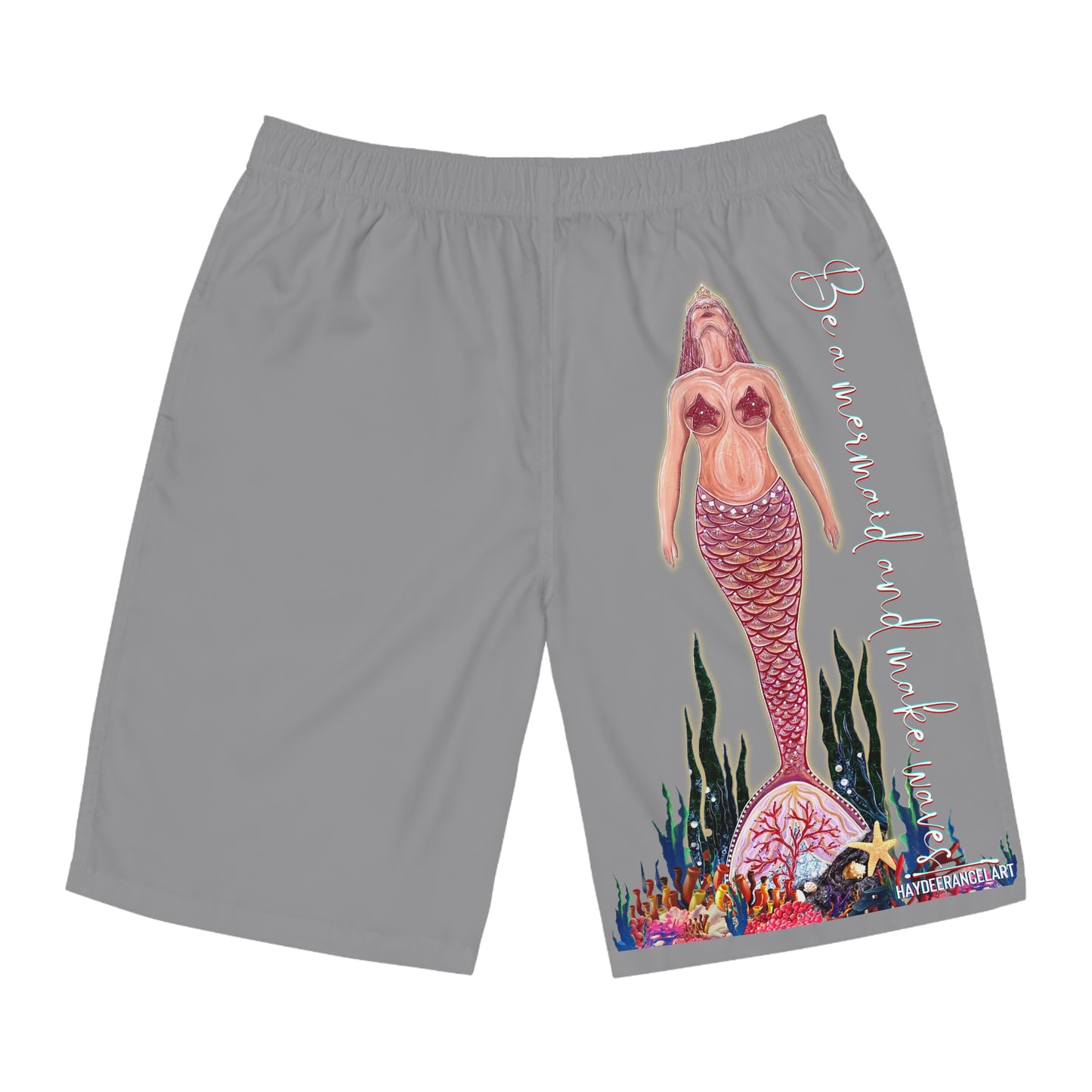 Be A Mermaid And Make Waves Beach Ocean Reef Grey Unisex Swim Board Shorts (AOP)
