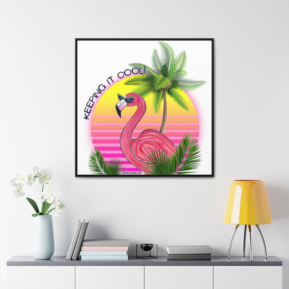 Keeping It Cool Flamingo Beach Sunset Square Framed Gallery Wrapped Canvas Print