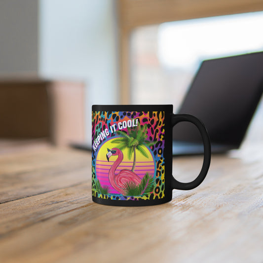 Keeping It Cool Flamingo Tropical Beach Sunset Rainbow Leopard Print 11oz Black Ceramic Mug