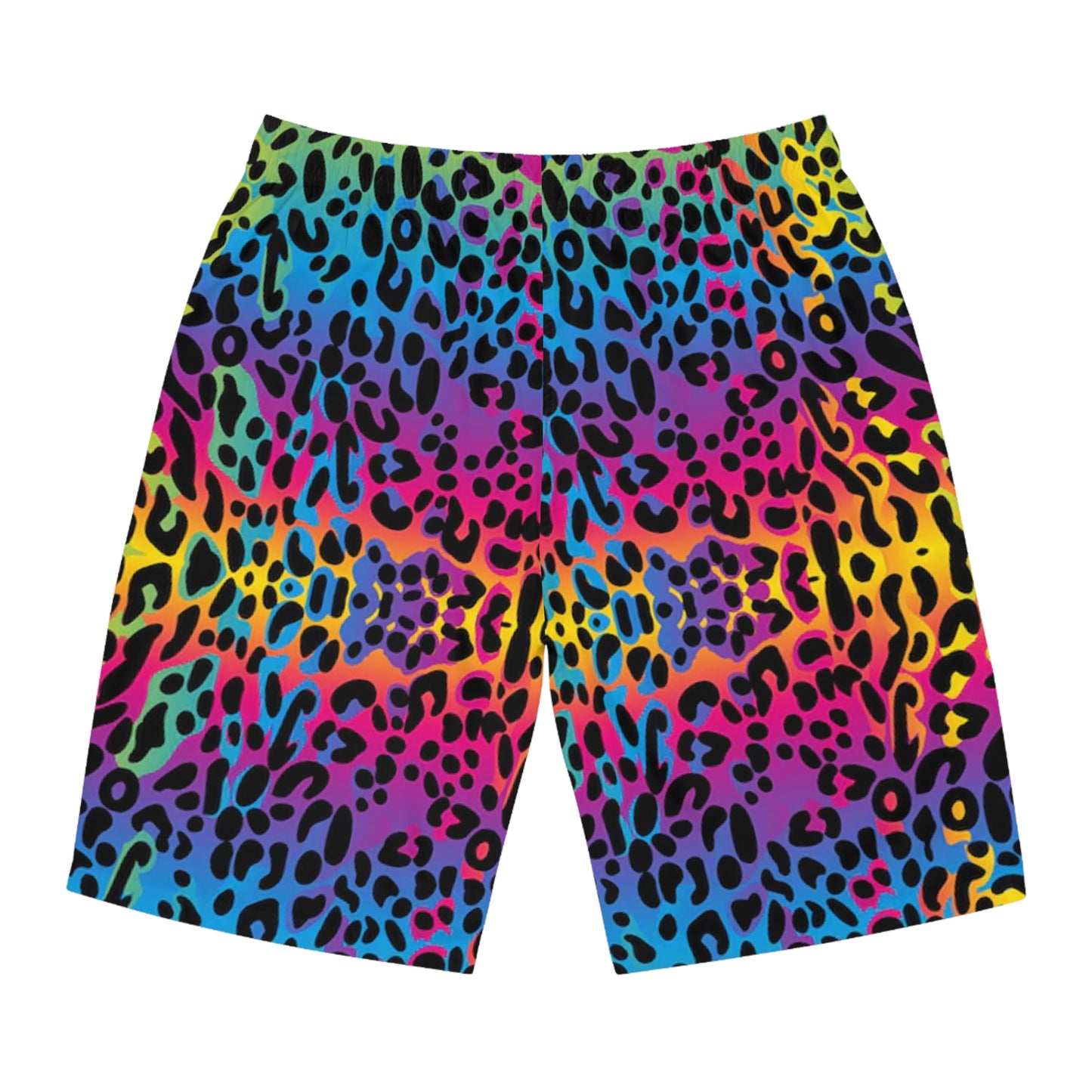 Keeping It Cool Flamingo Tropical Sunset Beach Rainbow Leopard Print Unisex Swim Board Shorts (AOP)