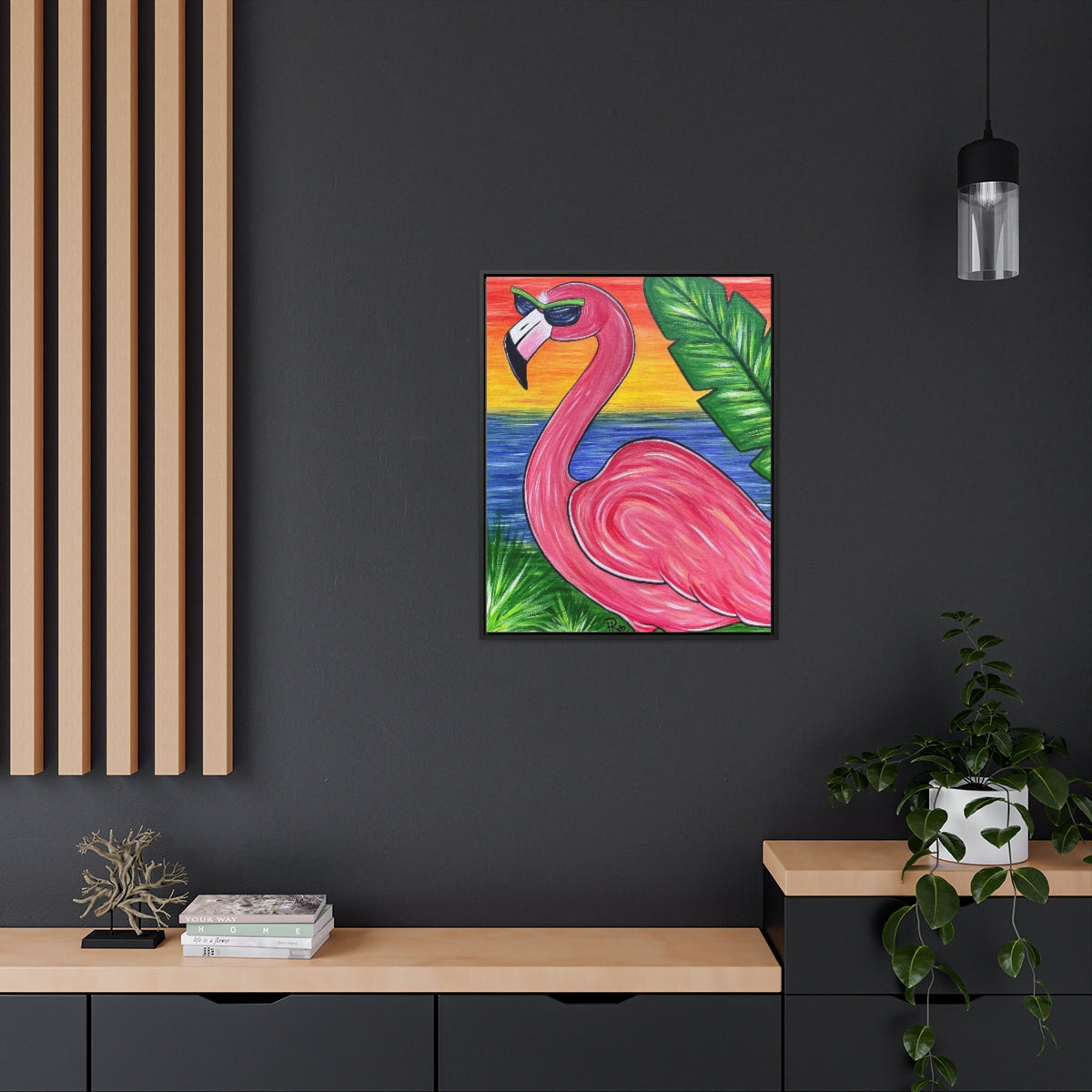 Cool Flamingo Beach Tropical Sunset Vertical Framed Gallery Wrapped Canvas Art Print