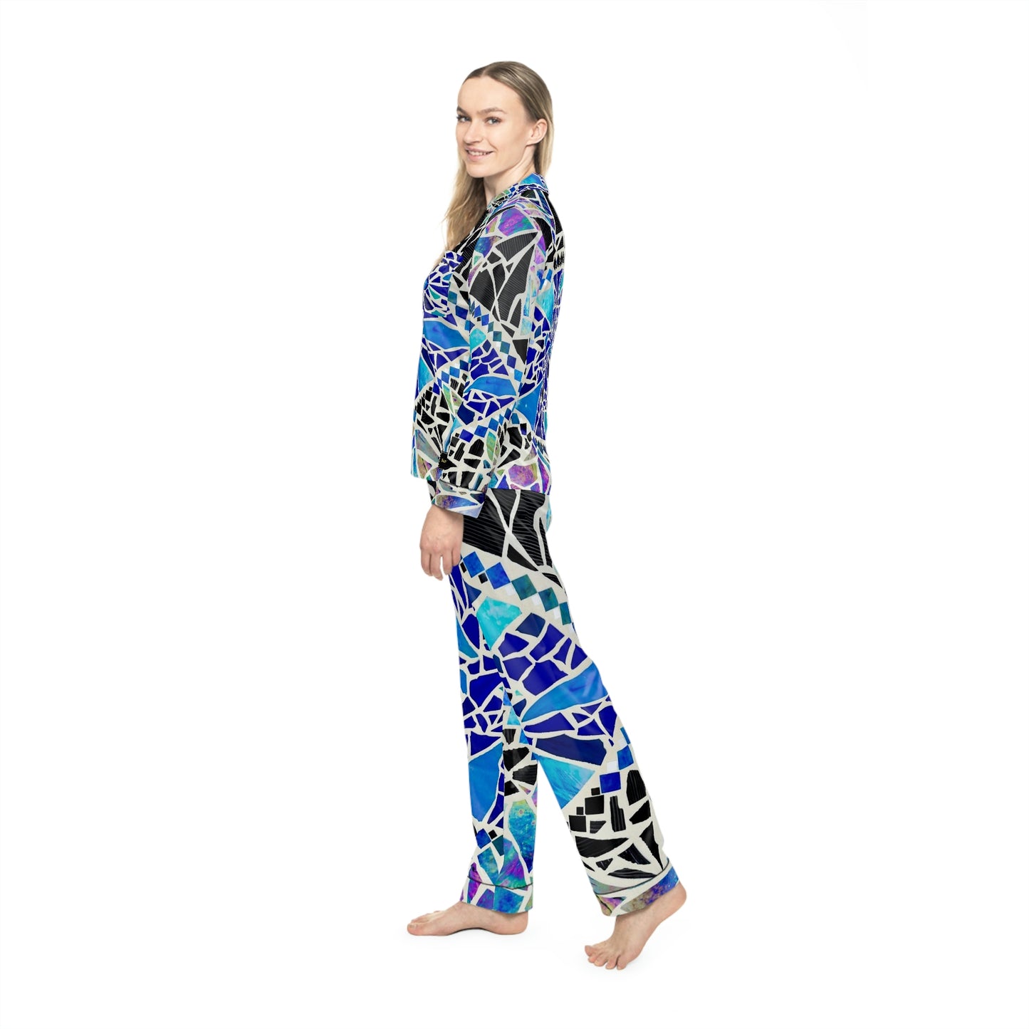 Blue Glass Mosaic Dragon Eye Wearable Art All Over Print Unisex Satin Pajamas AOP